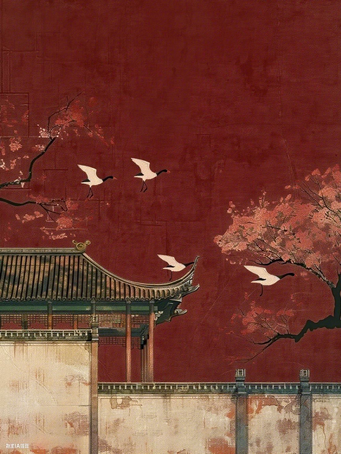 Oxblood Chinese architecture with cranes and flowering trees
