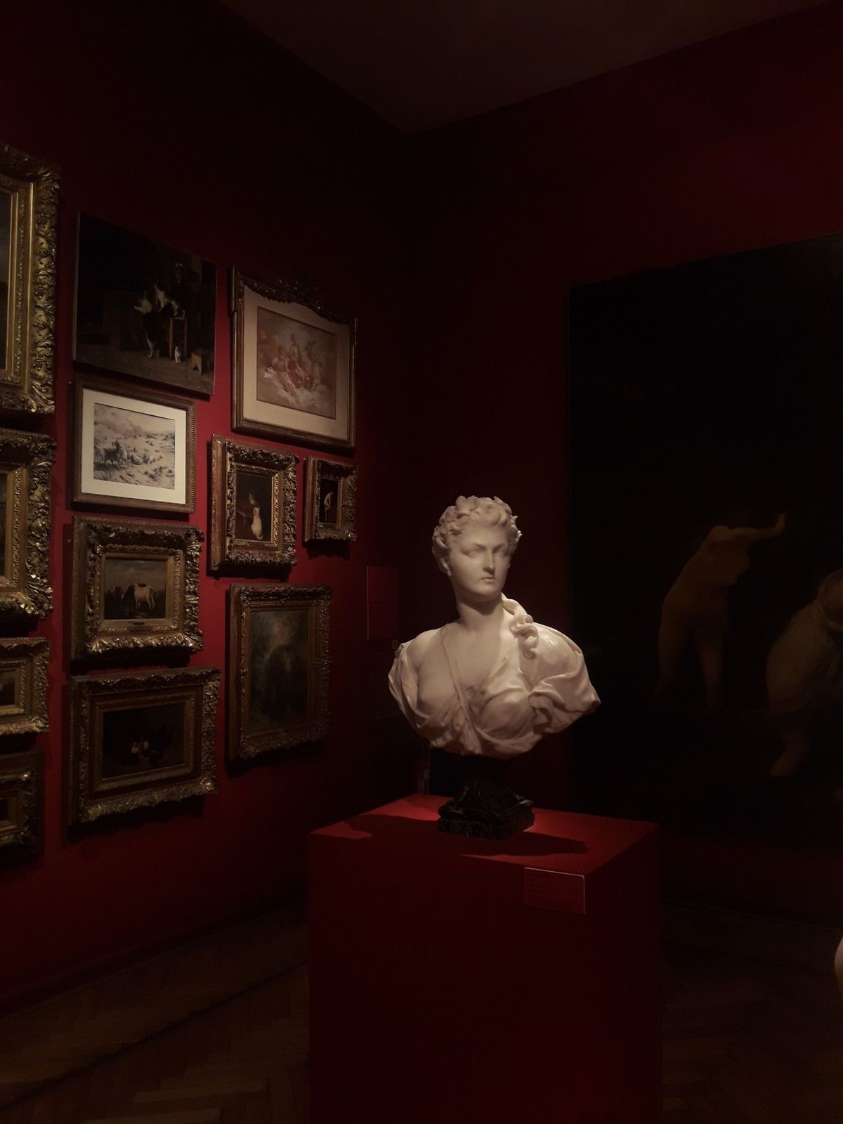 A classical bust in a dark oxblood museum gallery